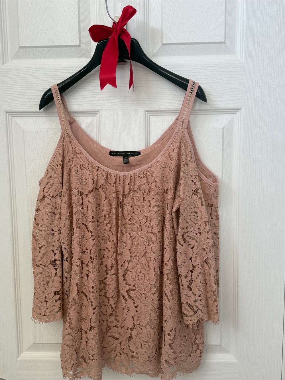 White House Black Market Dusty Rose Lace Cold-Shoulder blouse.